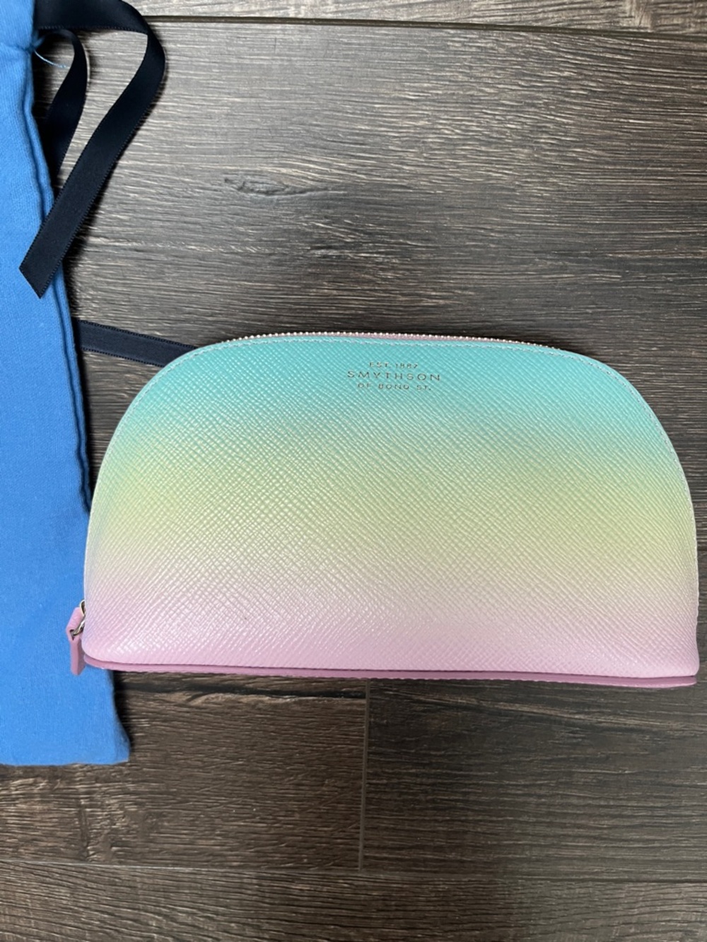 Smythson Pastel Gradient Leather Cosmetic Pouch in Blue, Mint & Pink